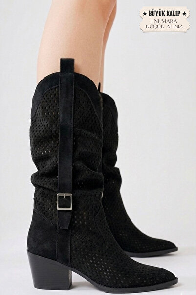 BonuStep Γυναικείες καλοκαιρινές μπότες Western Black Bellows με χοντρό τακού...