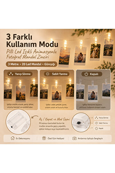 ORİJİNALDÜKKAN 3 Metre Led Işıklı Fotoğraf Asma Mandalları Pilli Animasyonlu 20 li Zincir Dekoratif Aydınlatma