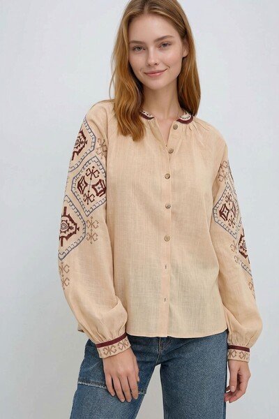 bacc Beige Balloon Sleeve Embroidered Collarless Shirt