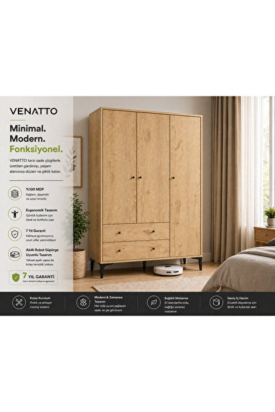 VENATTO Focus 3 Kapılı, 2 Çekmeceli Gardırop/dolap Meşe(%100MDF)