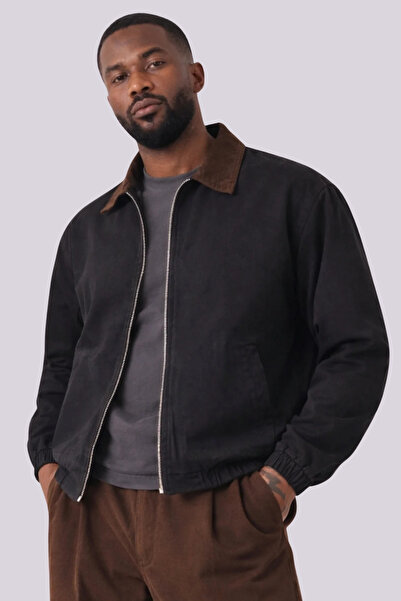 Gizrain Ανδρικό μαύρο μπουφάν Gabardine Oversize με καφέ λεπτομέρεια στο γιακ...