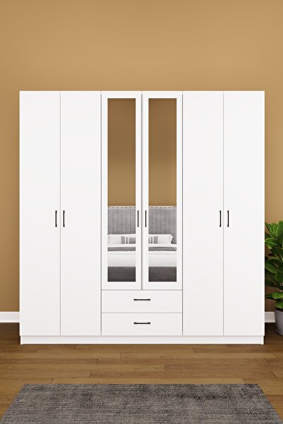 asratrend Lüks 6 Kapaklı Çekmeceli Gardırop %100 MDF Askılı Aynalı Düzenleyic...