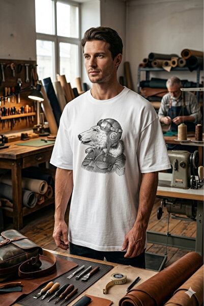 Justime Design Bear Linear Front Print Oversize Cotton Crew Neck Unisex T-Shirt