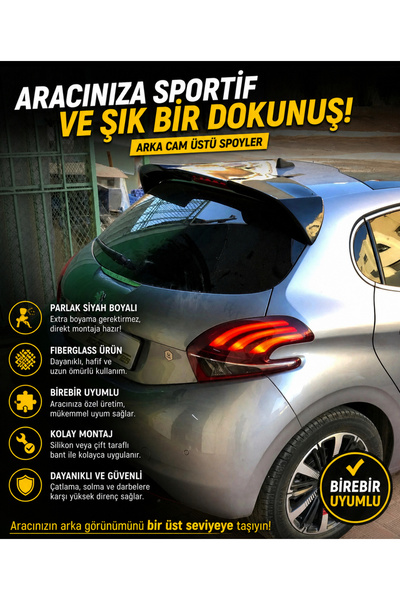 DEMİRTUNİNG PEUGEOT 208 PARLAK SİYAH BOYALI FİBER SPOİLER KANAT RÜZGARLIK