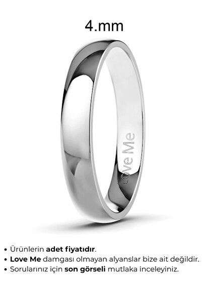 Love Me 4mm Asla Kararmaz Parlak Beyaz Renk Unisex Bombeli Çelik Alyans Yüzük...