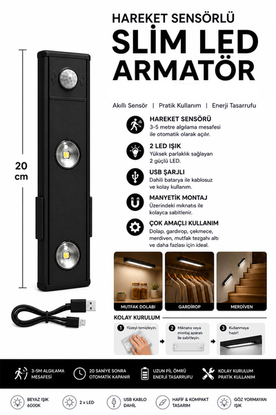 Neovista 20 Cm Siyah 2w Slim Led Kabin Armatürü Hareket Sensörlü Dekoratif Ge...