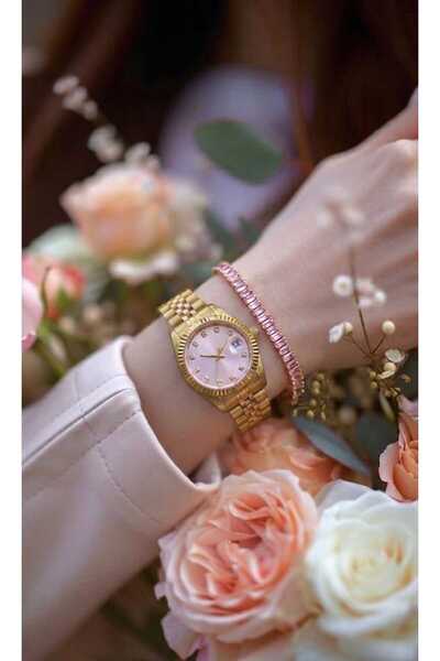 Evaa Jewelry Accessories ساعة نسائية أنيقة مع سوار من حجر الذهب الوردي في صند...