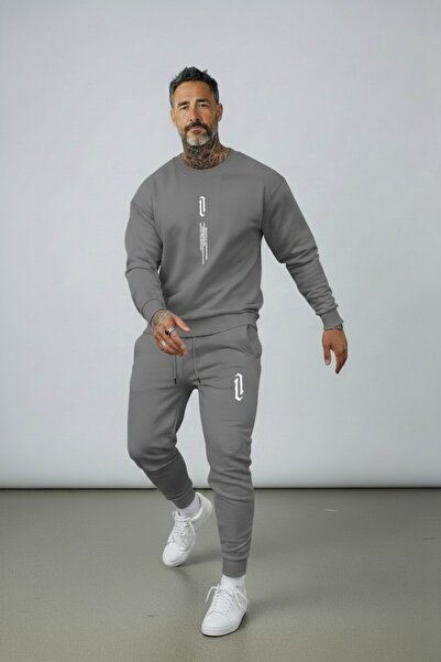 Altamira Men's Smoke Gray Vertical Printed Oversize Crew Neck Tracksuit Set