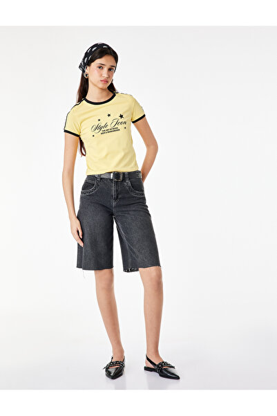 Koton Slim Fit Ribbed Printed Cotton Crew Neck Short Sleeve T-Shirt