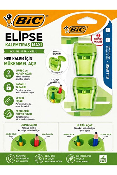 Bic Kalemtraş Maxi Elips Kapaklı İkili Blister - Yeşil Jumbo ve Klasik açar