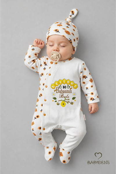 BABYDEN'S Babasının Balı Yazılı Yenidoğan Bebek Tulumu Şapka Seti Arı Desenli...