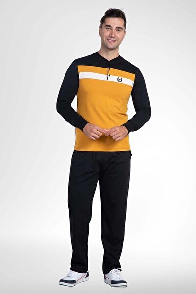 Mecit Pijama Mecit 2763 Sarı %100 Pamuk Büyük Beden Erkek Pijama Takımı
