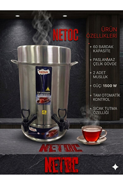 Netoc Vatan Elektrikli Çay Semaveri 60 Bardak Kapasiteli Çaycı Çelik Çift Mus...
