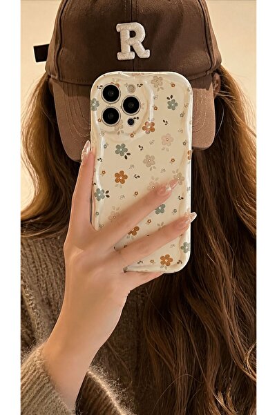 MİRAZ TASARIM IPHONE 13 PROMAX EKRU ÜZERİ ÇİÇEK DESENLİ KILIF