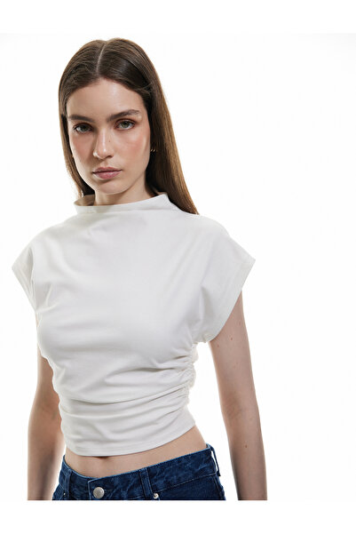 Koton Cotton Sandy Fabric Draped Slim Fit Stand Collar Sleeveless T-Shirt