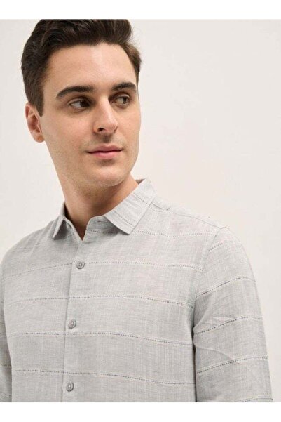 The Bear House Men's Light Grey Horizontal Stripes Slim Fit Casual Shirt for ...