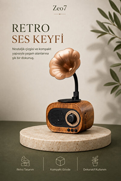 Zeo7 Gramofon Tasarımlı Kompakt ve Şık Nostalji Radyo Bluetooth Mini Hoparlör...