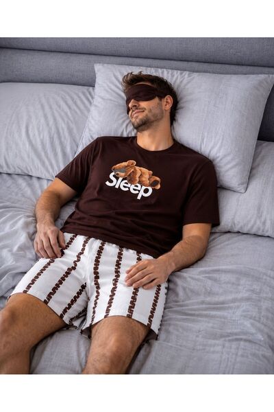 Pelife Underwear Şortlu Pijama Takımı Yüksek Kalite | Kahverengi-Beyaz-Baskıl...