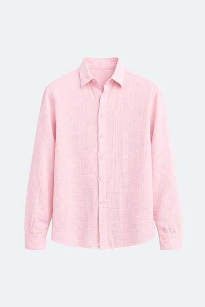 VAMOSCLO Dokulu Pamuklu Oversize Gömlek Pembe