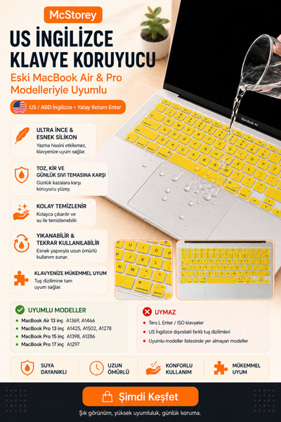 Mcstorey Macbook Kılıf Klavye Air Pro Koruyucu Ingilizce Baskı (US-ABD) (ESKİ...