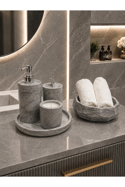 BeeCandleHome Gri Mermer Desenli 6'lı Büyük Kaseli Premium Banyo Seti - Gümüş...
