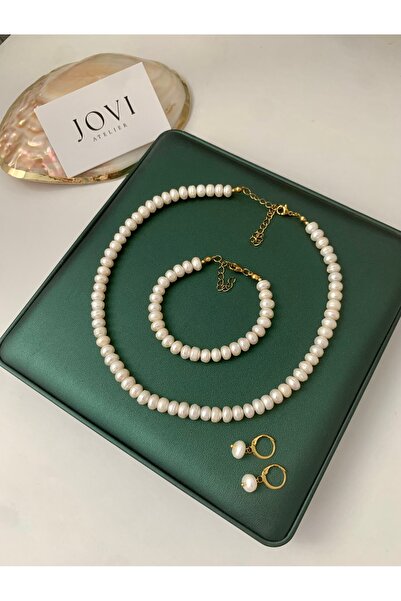 JOVİ ATELİER Sertifikalı Doğal Rondela Kadın İnci Bileklik Küpe Seti | Çelik ...