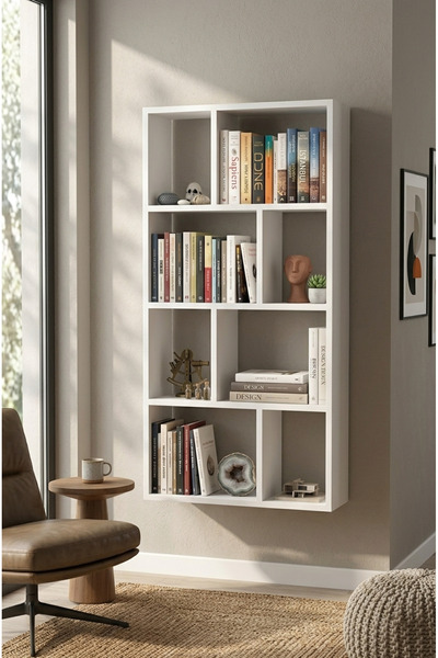 byzellahome %100 MDF Modern Dekoratif Çok Bölmeli Kitaplık - Beyaz Renk