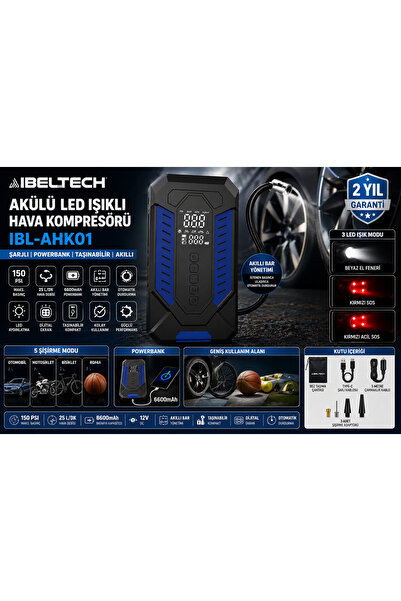 İBELTECH Akülü Hava Kompresörü 150 PSI-10.3 Bar Dijital Şarjlı Lastik Şişirme...