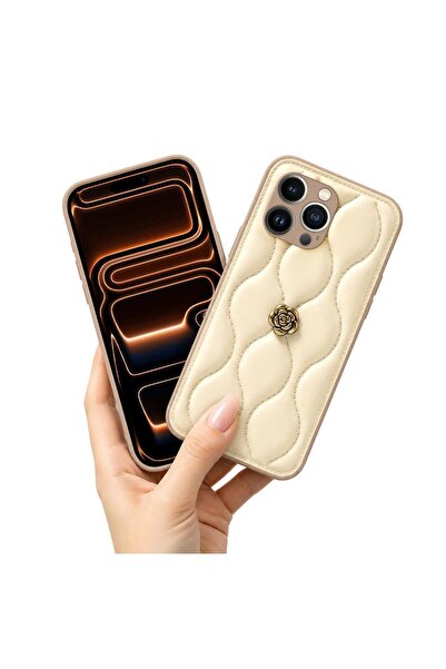 Zebana Apple iPhone 15 Pro Max Uyumlu Kılıf Zebana Camellia Deri Kılıf Bej
