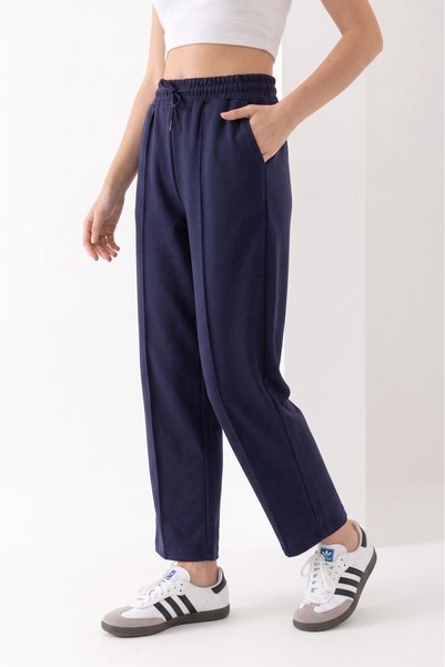 RuyaMood Women's Navy Blue Modal Fabric Balloon Model Front Ribbed Comfortable Fit Pants