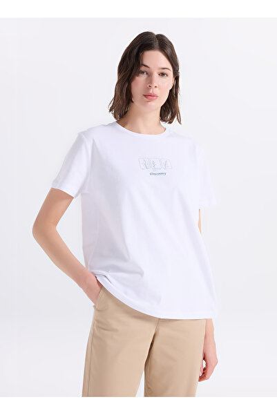 Discovery Expedition D6SL-TST3588 Beyaz Bisiklet Yaka Relaxed Fit Kadın T-Shirt