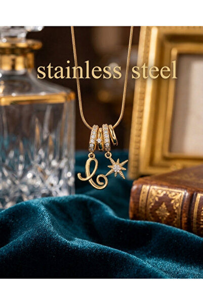 stainless steell gold renk kutup yıldızı harf model paslanmaz çelik kolye
