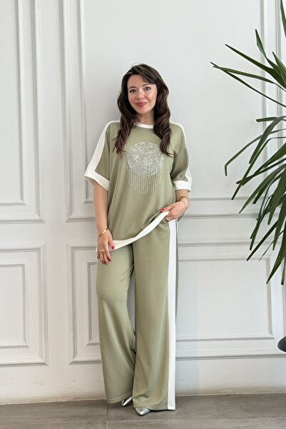 yb yağmur butik Battal Front Round Stone Detailed Tracksuit Set