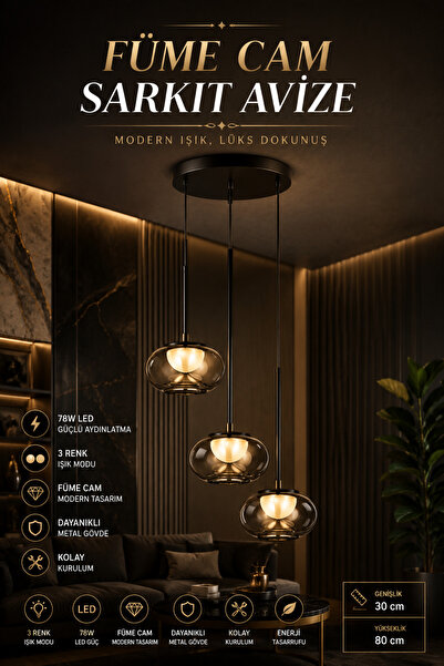 Elvora Home Modern (PREMİUM) Füme Cam Sarkıt Avize 3 Renk LED Aydınlatma Siya...