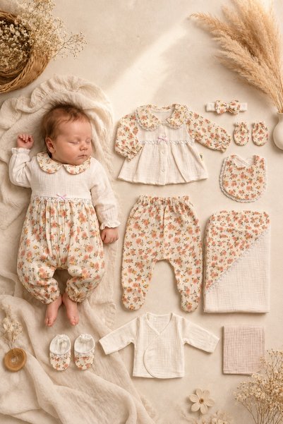 CELYSE Cotton Muslin 10-Piece Summer Baby Girl Hospital Outfit Floral New Season 0-3 Months
