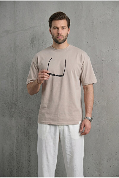 Madmext Ανδρικό πέτρινο μπλουζάκι Oversize Fit Basic 6066