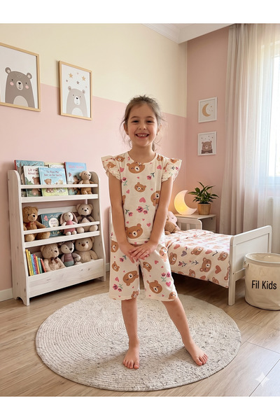 Fil Kids Devojčička pamučna tkanina, beli medvedić, letnji pidžama set sa kra...