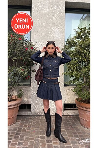 Perryes Set de denim pentru femei, jachetă cu guler detaliat, fustă mini plis...