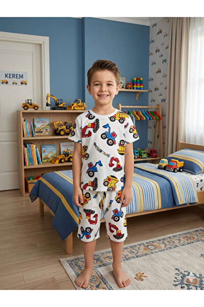 Fil Kids Dečački pamučni beli letnji pidžama set sa kratkim rukavima i šortam...