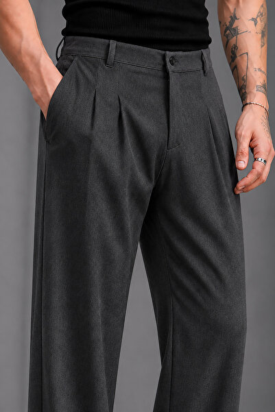 Montivo Erkek Antrasit Gri ZRA Model Pileli Bol Paça Kumaş Pantolon Oversize Rahat Kesim