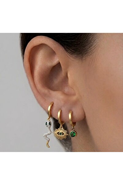 Lume Store Women's Snake Eye Stone Detailed Charm 316L Steel 3-Piece Earring Set