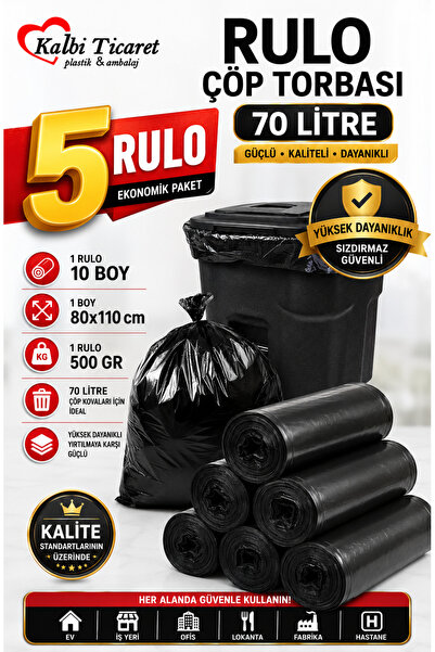 Kalbi Ticaret Kalın Çöp Torbası 500 gr X 5 Rulo Siyah Çöp Poşeti 80x110 Cm Ju...