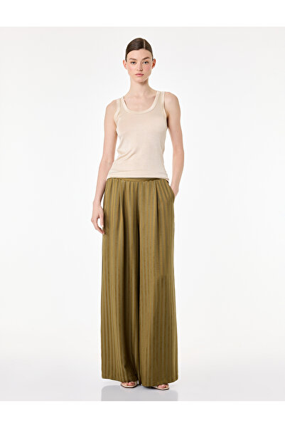 Koton High Waist Striped Wide Leg Satin Trousers with Elastic Waistband and P...
