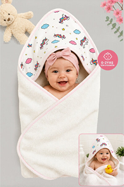 Tomuycuk Unicorn Desenli %100 Pamuklu Başlıklı Kız Bebek Banyo Havlusu Yumuşa...