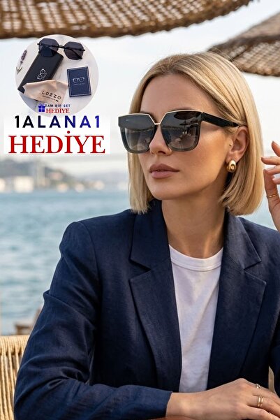 Lozzo Kadın UV400 Siyah Gold Aksesuar Oversize Güneş Gözlüğü 23016 C2