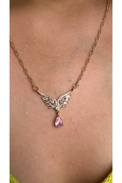DEQOSA Angel Paslanmaz Gold Pembe Beyaz Taşlı Zirkon Detaylı Melek Kanat Kadı...