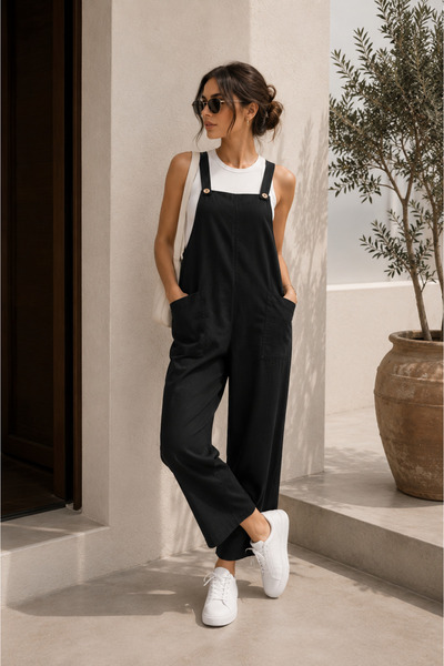 bb butik basic Дамски гащеризон с джобове и презрамки, ефирен, с удобна кройк...