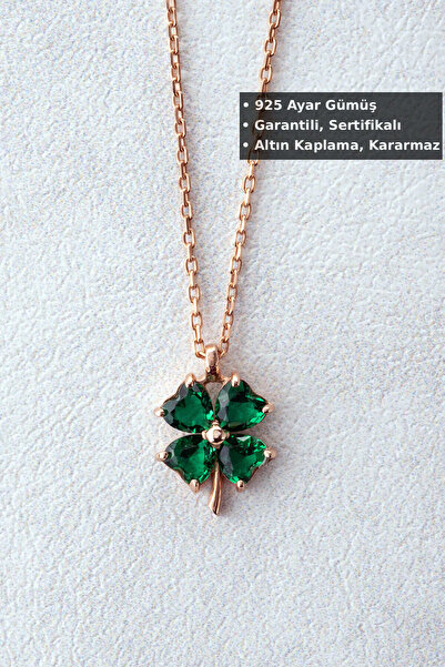 Jewelmim Yeşil Taşlı Yoncalı Kolye | Rose Altın Kaplama 925 Ayar Kadın Dört 4...