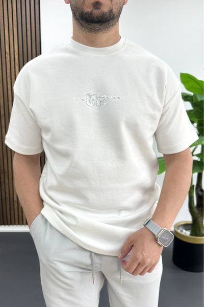 Edwox Tricou cu slogan imprimat în relief pentru bărbați, alb Edw490