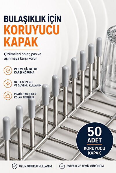 farfan 50 Adet Gri Renk Pas Önleyici Bulaşık Sepeti Aksesuarı - Kapak Ucu Tam...